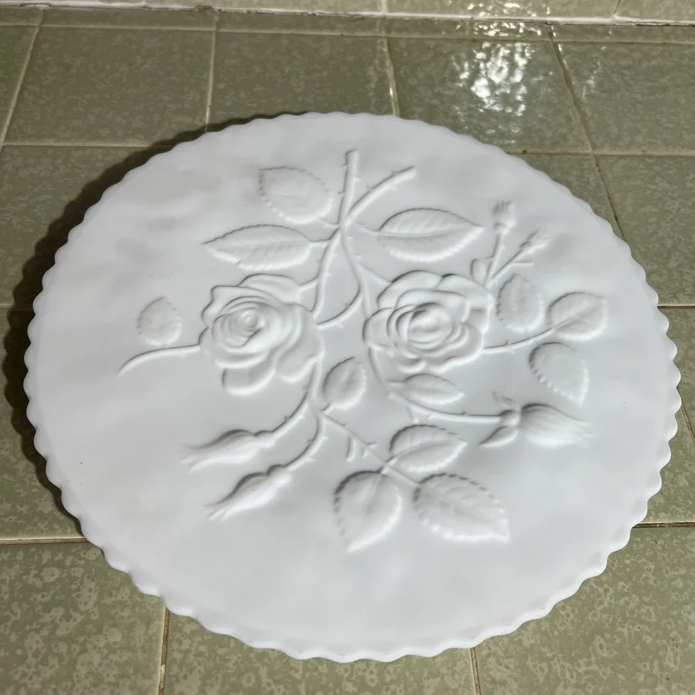 Vintage‎ Imperial Satin Milk Glass Cake, Buffet Plate Raised Roses Excellent 11